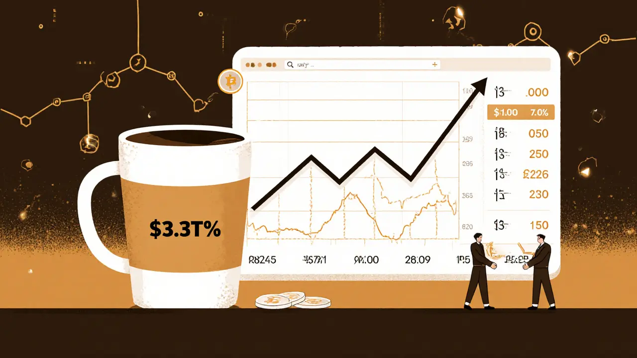 A rising price graph next to a coffee cup, symbolizing a <h2>How Did It Compare to Other 2024 Airdrops?</h2>.15 airdrop value.