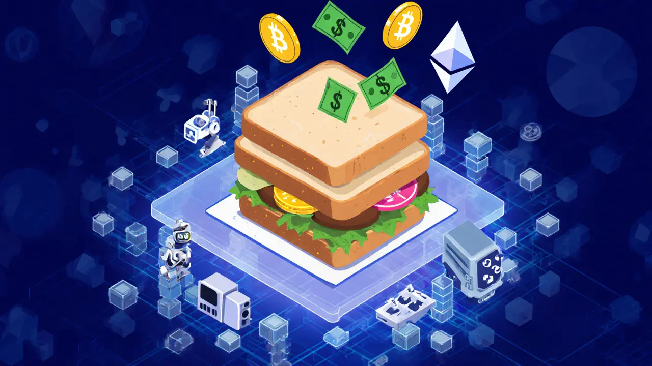 A sandwich attack visualized as a literal sandwich with bot trades on either side and a user&#039;s trade in the middle, money flying out.