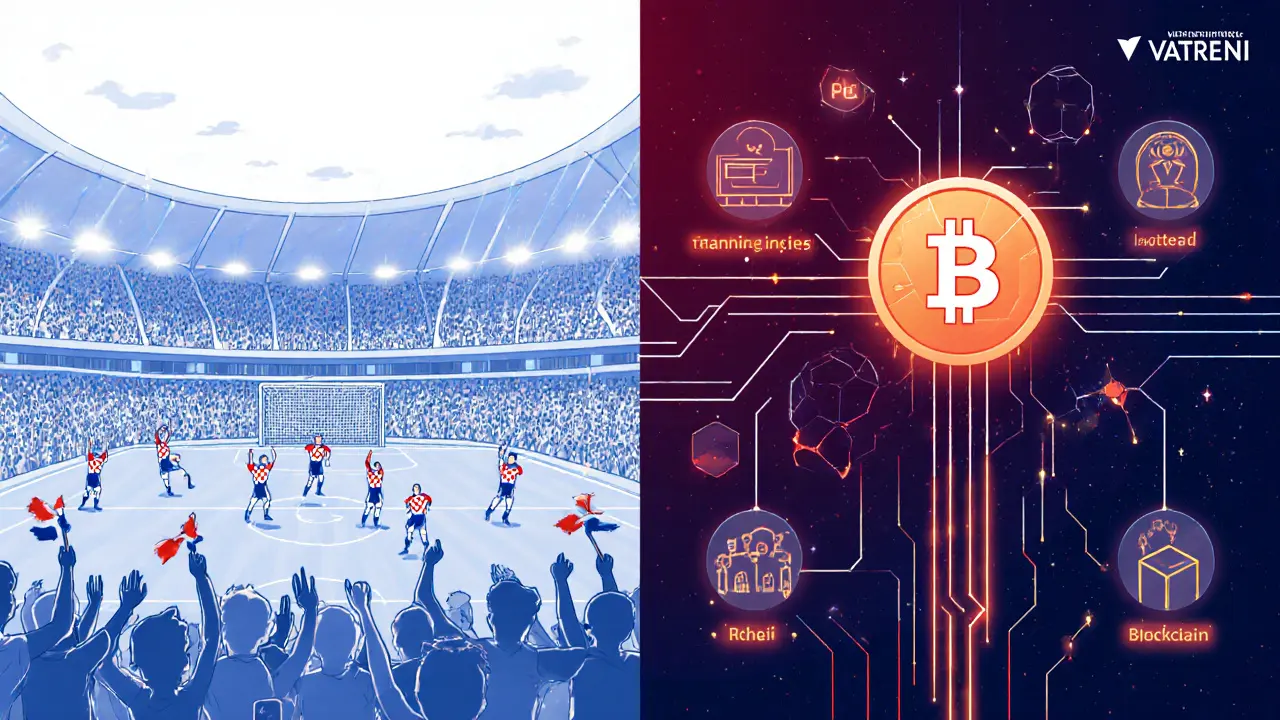 A split illustration showing football fans cheering and VATRENI rewards being distributed via blockchain.