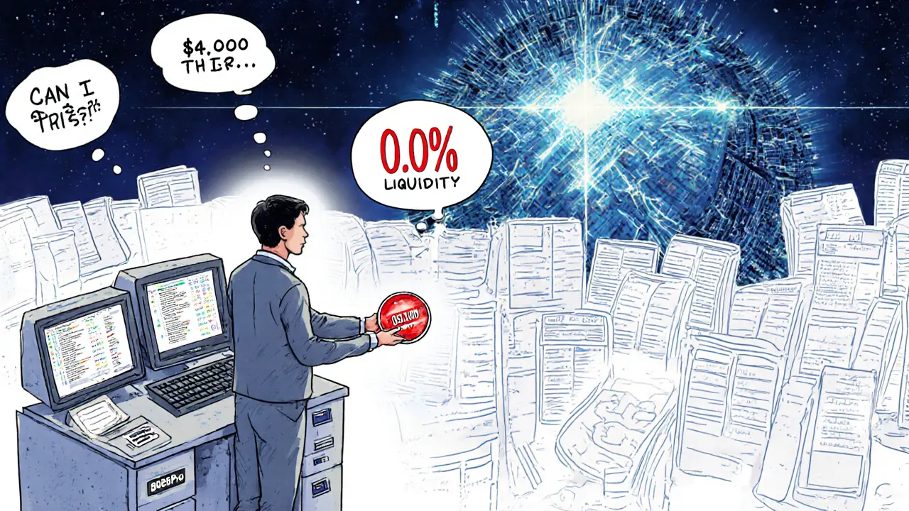 A trader at a small terminal with GDex.Pro, surrounded by empty order books and a tiny volume number, while a massive Uniswap platform glows in the distance.
