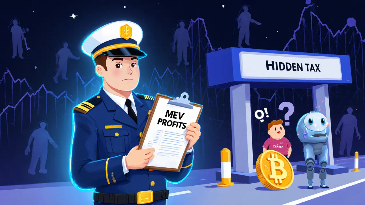 A validator acting as a traffic cop favoring MEV bots, while regular users pay hidden tolls, illustrated in technical cartoon style.