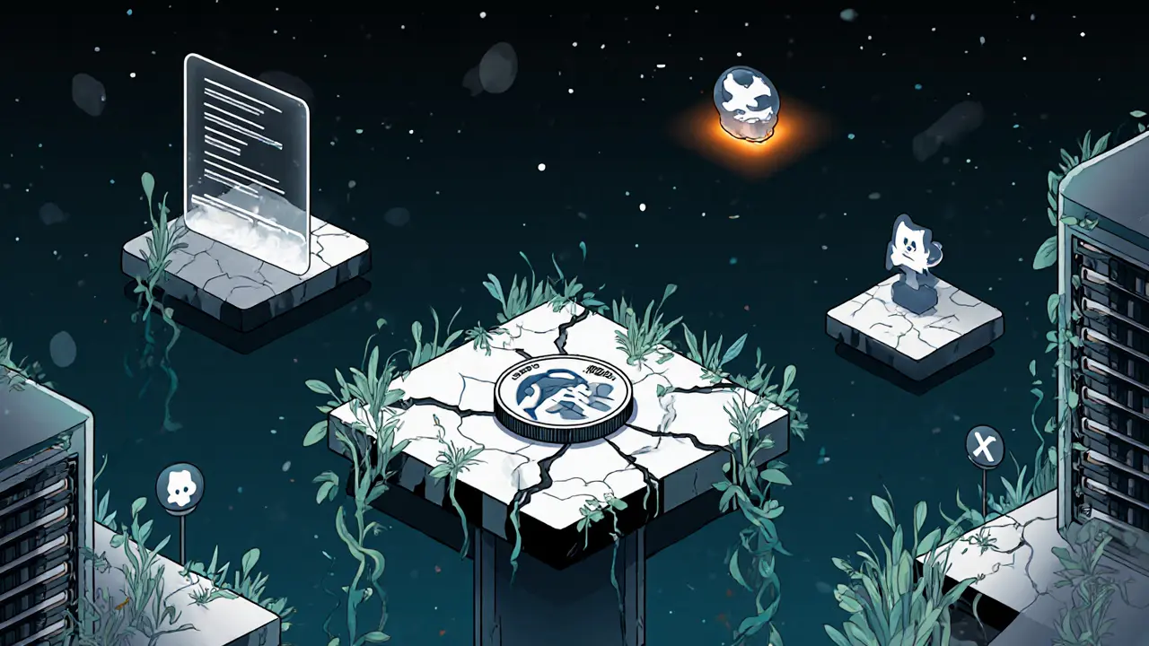 Abandoned metaverse landscape with faded Caduceus logos, single CMP token on broken server, dead GitHub graph in distance.