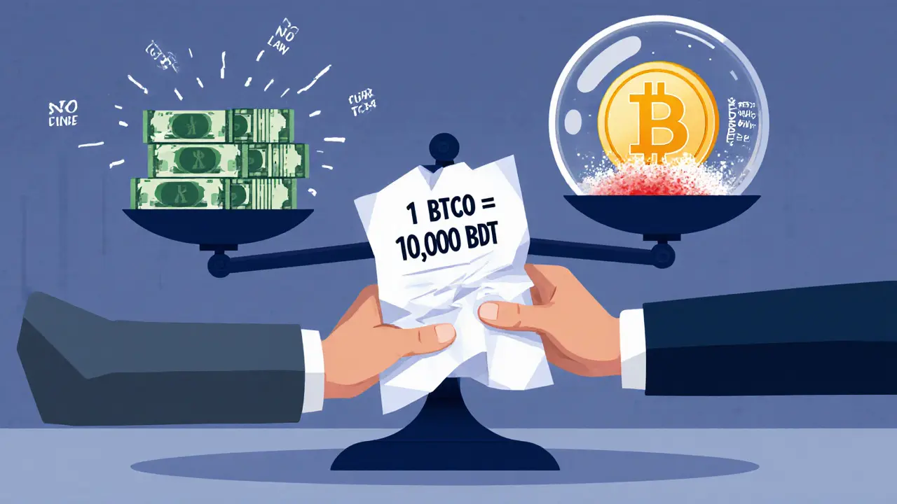 An agent hands over cash for crypto that turns to dust, with no receipt or legal protection visible.