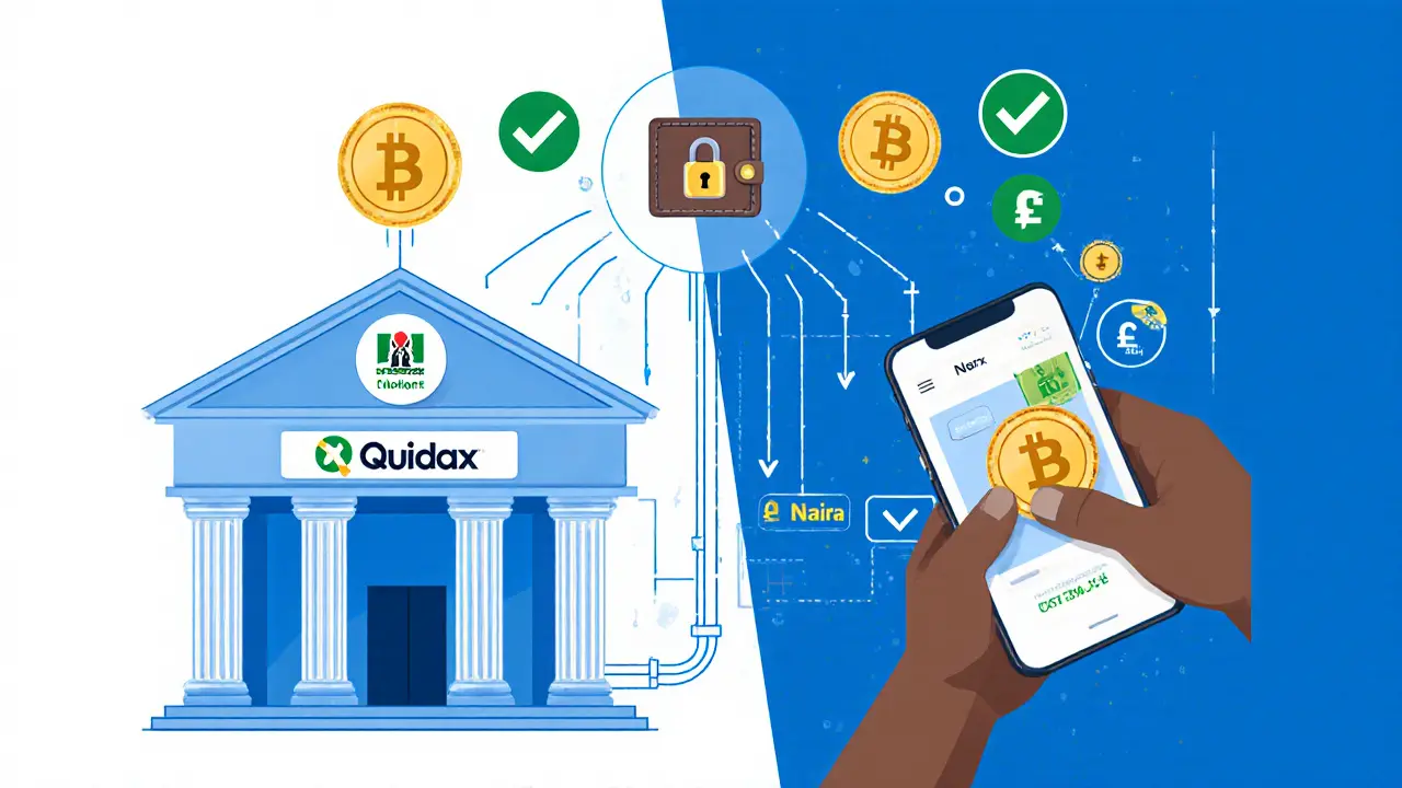 Bank connected to licensed crypto exchange with digital payment flow illustrated.