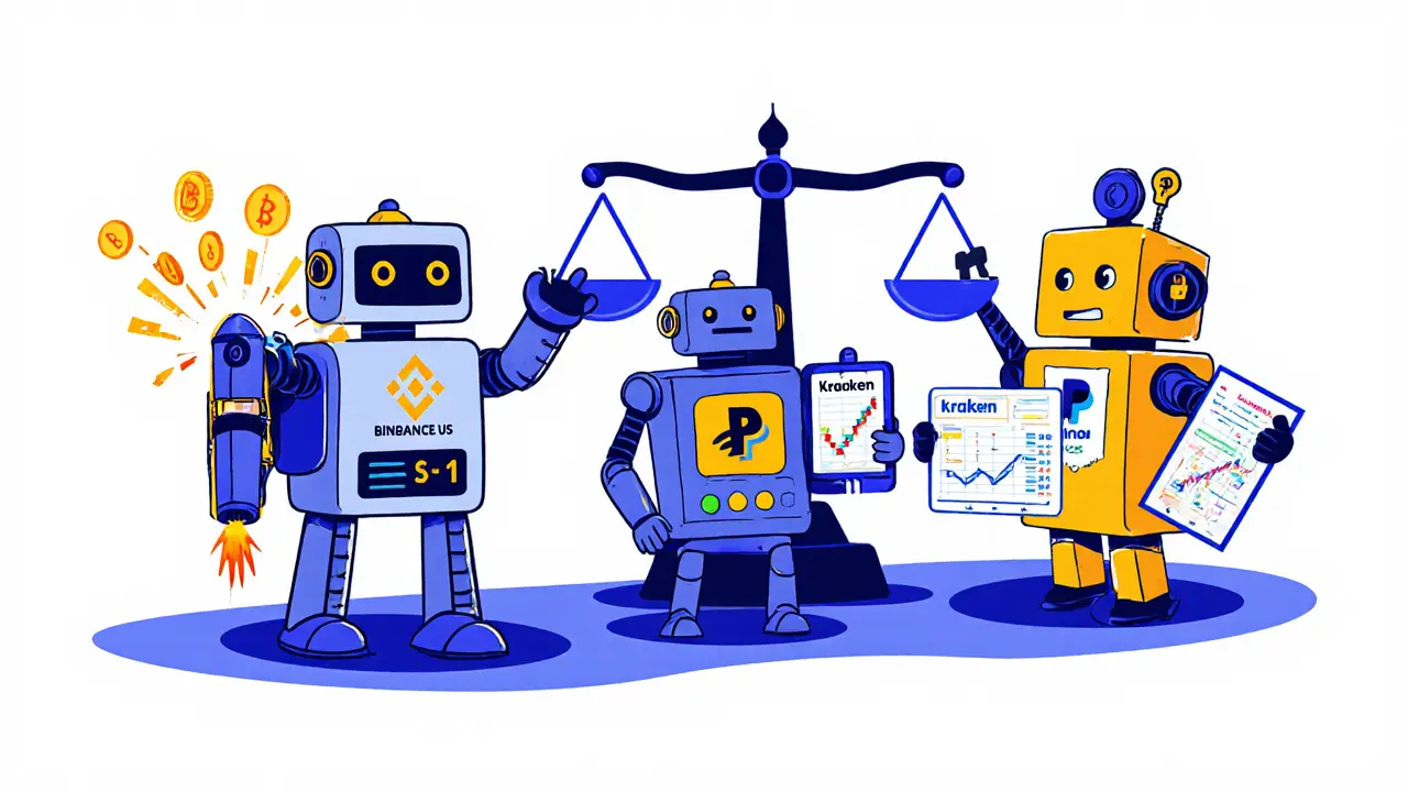 Cartoon robots representing Binance.US, Coinbase, and Kraken comparing fees and staking rewards.