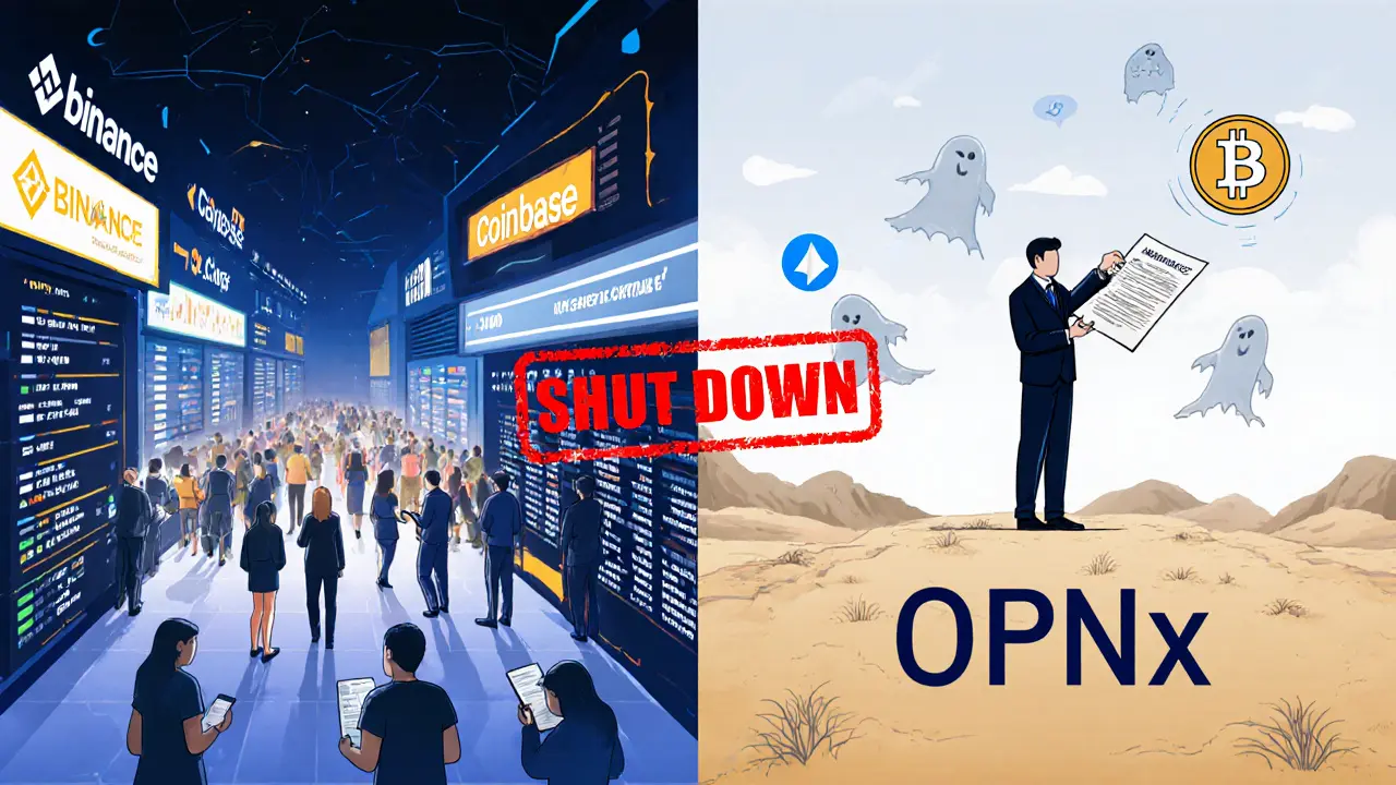 Contrasting active crypto exchanges with a lone figure in a barren OPNX landscape, surrounded by ghostly messages.