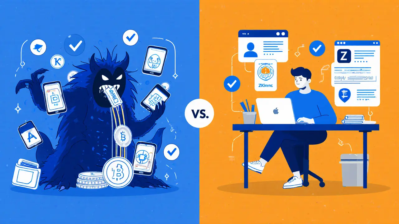 Contrasting chaotic scam scene on left with safe, verified airdrop process on right.