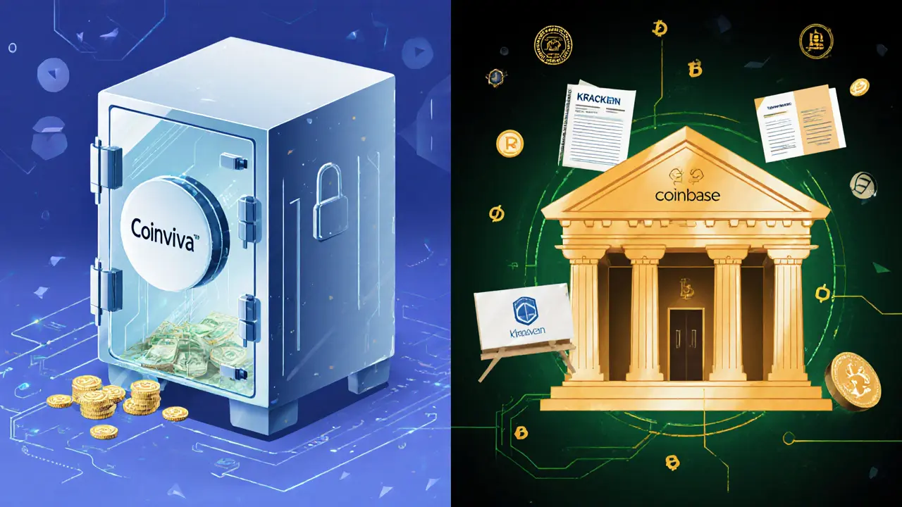 Contrasting technical illustration: empty Coinviva vault vs. secure, regulated crypto exchanges with audits and vaults.