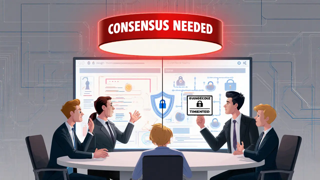 Corporate team arguing over a split-screen monitor showing private data vs public audit trails.