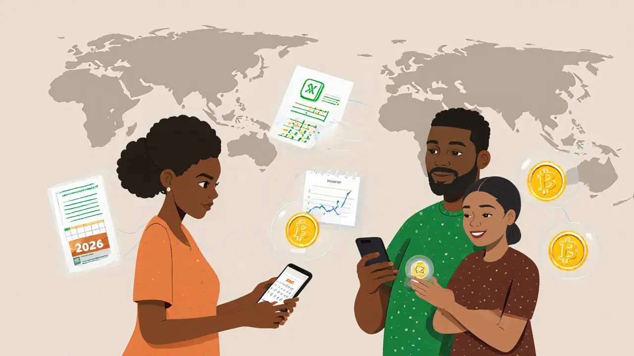 Family receiving crypto remittance converted to naira, with tax timeline overlay.
