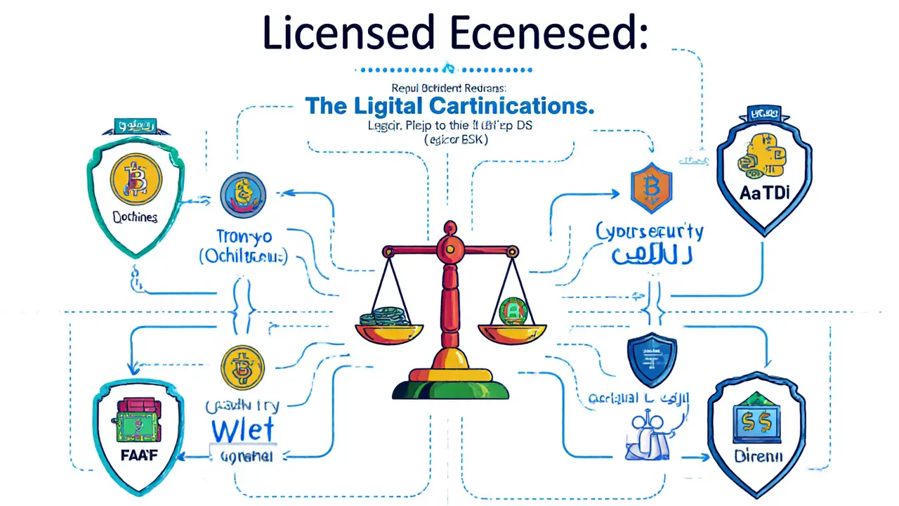 Flowchart of six licensed crypto services in UAE with capital requirements and compliance icons.