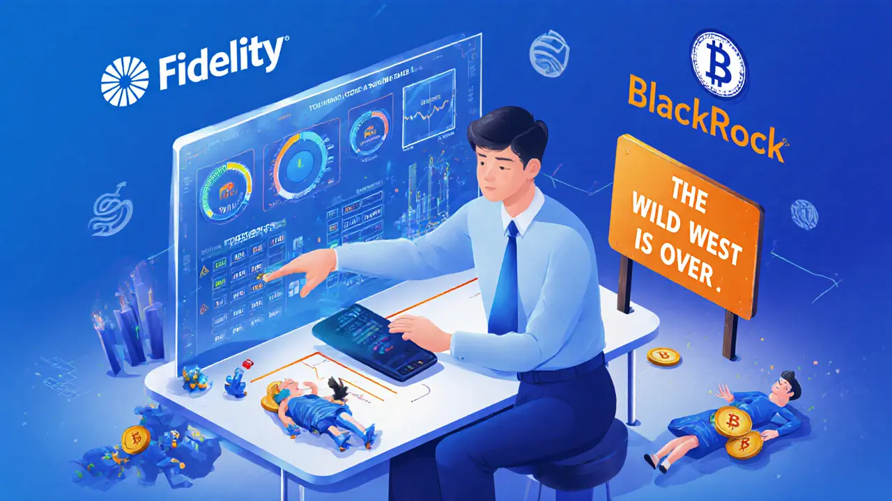 Futuristic trader using a risk-transparent dashboard as institutional funds manage ETFs, while obsolete high-leverage tools lie discarded.