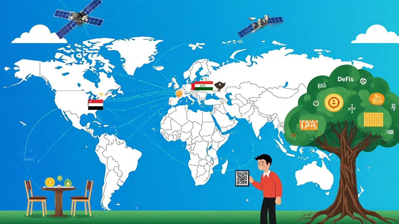 Global data network from UAE under CARF 2028, showing crypto payments and asset digitization.