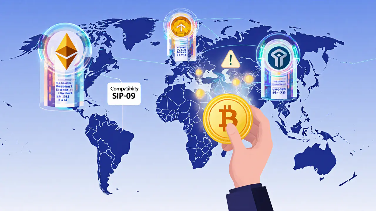 Global NFT standards map with five blockchain towers connected by data streams and a user holding a compatible token.