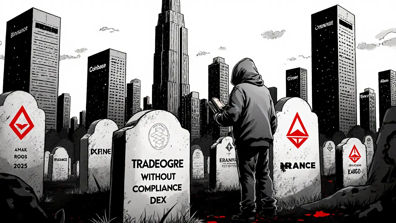 Graveyard of defunct crypto exchanges with TradeOgre&#039;s tombstone glowing, lone user holding DEX wallet, regulatory giants in distance.