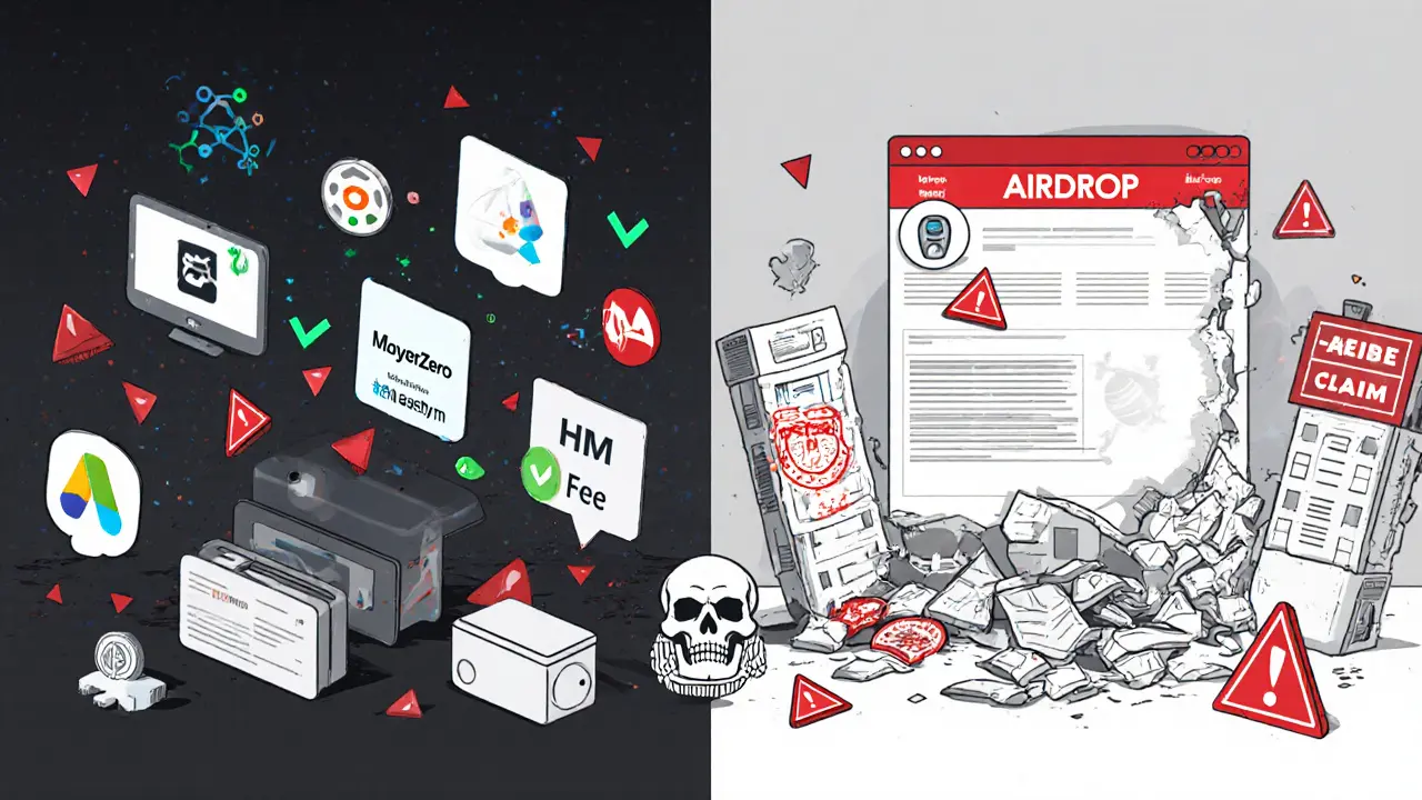 Legitimate crypto projects on one side, crumbling fake IMM site on the other