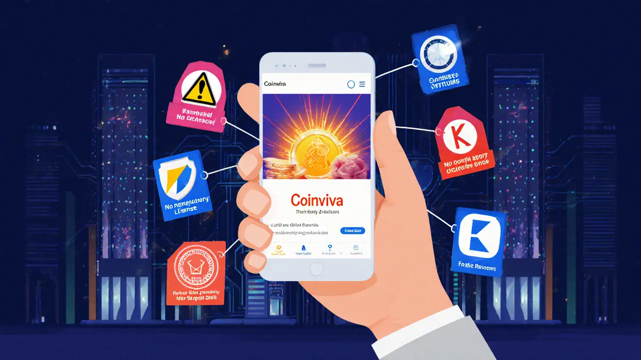 New user deceived by fake crypto ad, surrounded by warning signs while legitimate exchanges glow safely in the background.