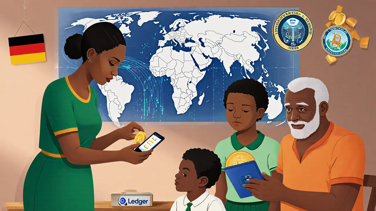 Nigerian family receiving crypto payments and storing Bitcoin in a hardware wallet.