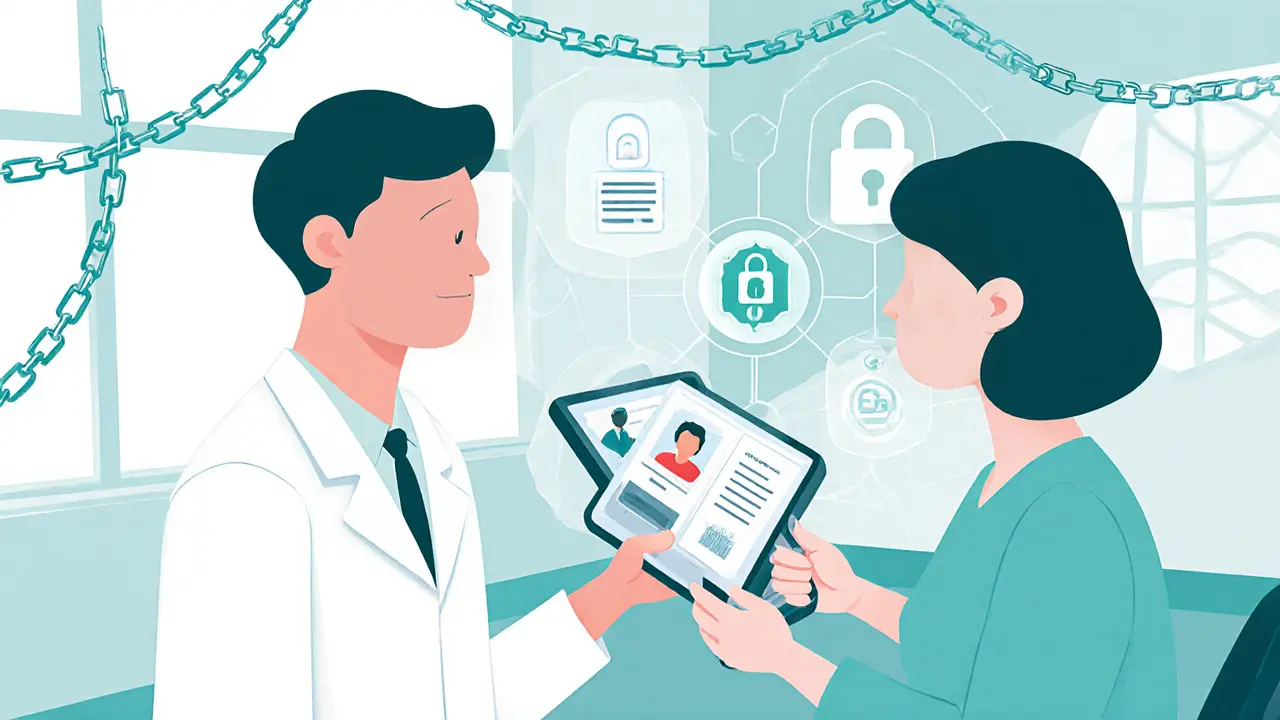 Patient sharing only necessary medical data via digital identity wallet in a futuristic clinic.