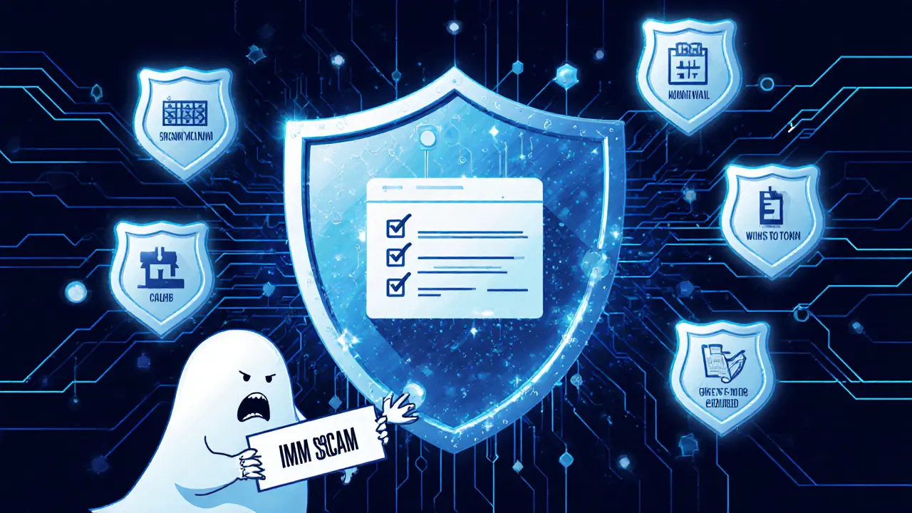 Secure wallet protected by verification checklist against ghostly IMM scam figure