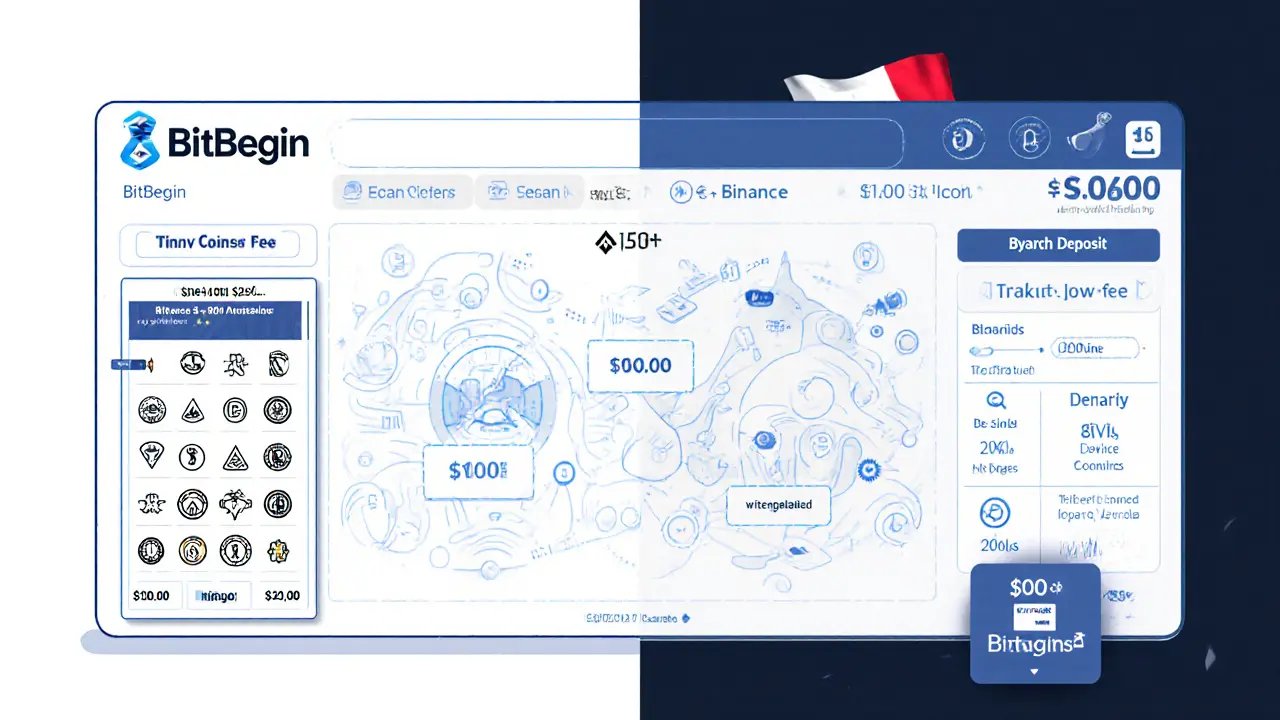 Side-by-side comparison of BitBegin's limited features versus global exchanges with coin count and fee differences.