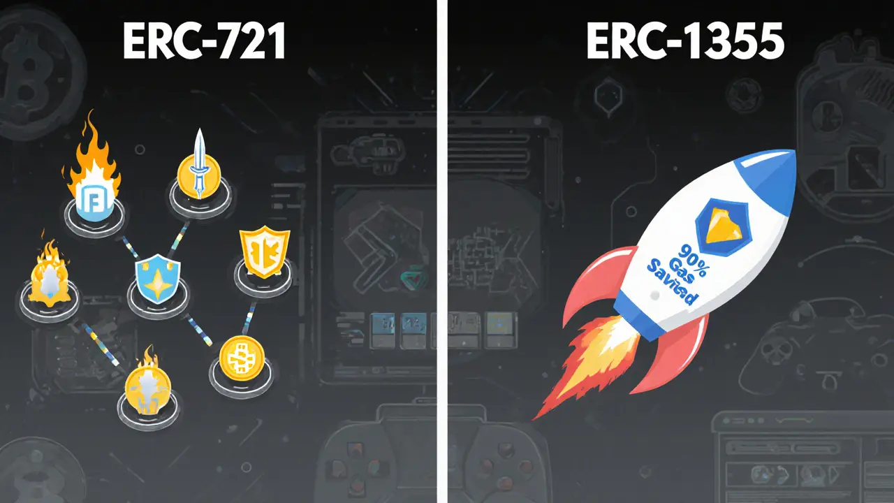 Side-by-side comparison of single and batch NFT transfers with gas cost differences and gaming UI elements.