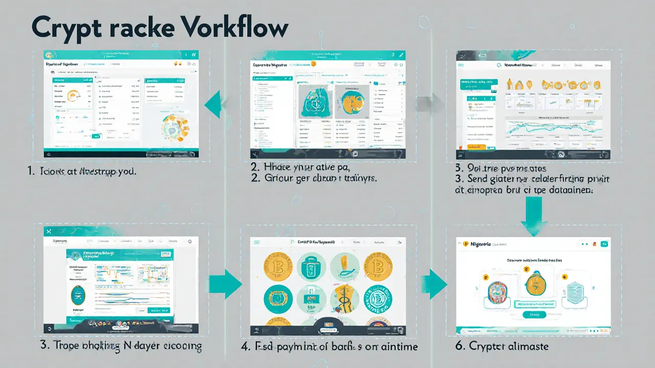 Six-step illustrated diagram of P2P crypto trading process with icons and arrows.