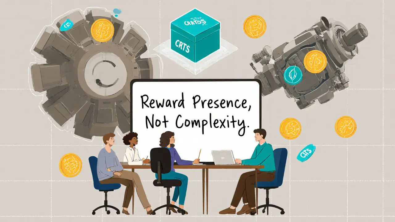 Small team with a whiteboard saying 'Reward Presence', contrasting with complex airdrop machines.