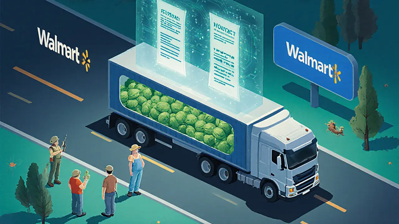 Spinach truck with private supplier data inside and public hash visible on the outside for regulators.