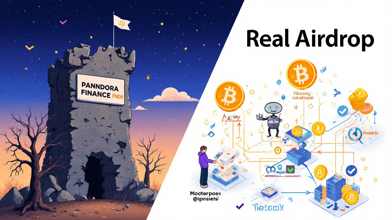 Split illustration: dead Pandora Finance project vs. active real airdrop ecosystem with users and tokens.