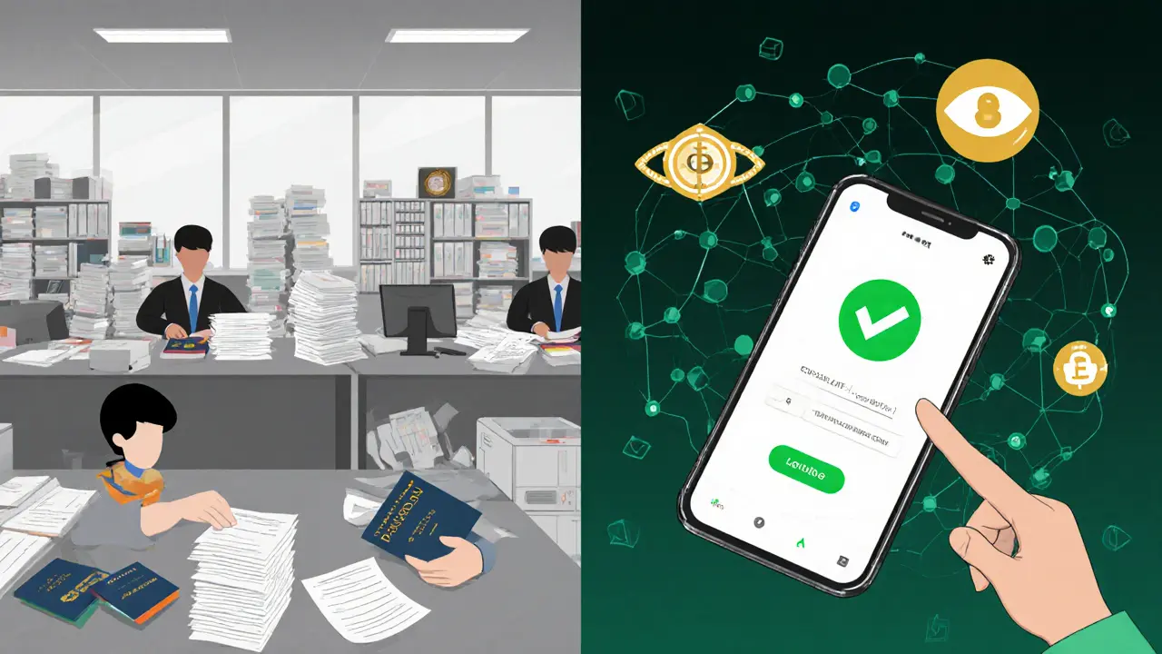 Split scene: messy paper-based identity verification vs seamless digital blockchain verification.