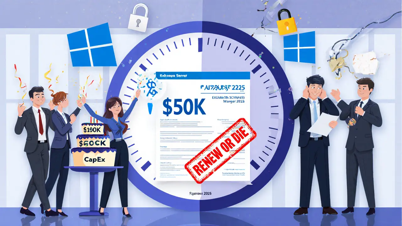 Split scene showing finance teams celebrating a one-time license purchase vs. stressed over annual subscription costs.