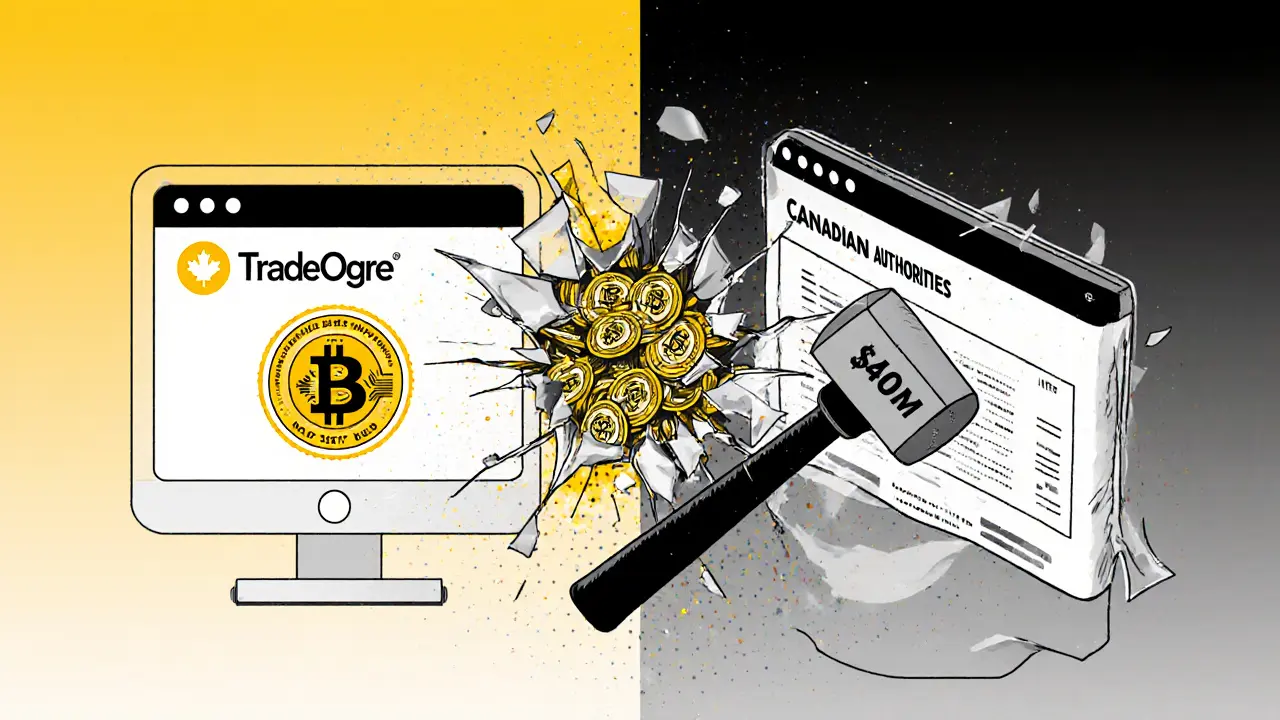 Split scene: user depositing crypto with &#039;NO KYC&#039; badge vs. same interface shattered by Canadian authorities seizing coins.