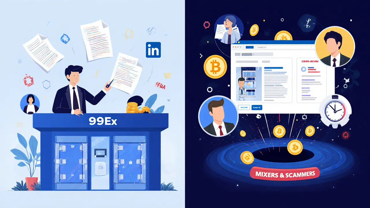 Split-screen comparison: secure real exchange with audits and team profiles vs. fake 99Ex site with countdown timers and crypto vanishing into a black hole.