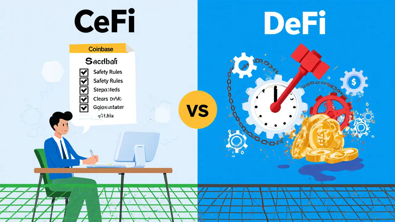 Split-screen technical illustration comparing safe CeFi trading with automated DeFi liquidations during a market crash.