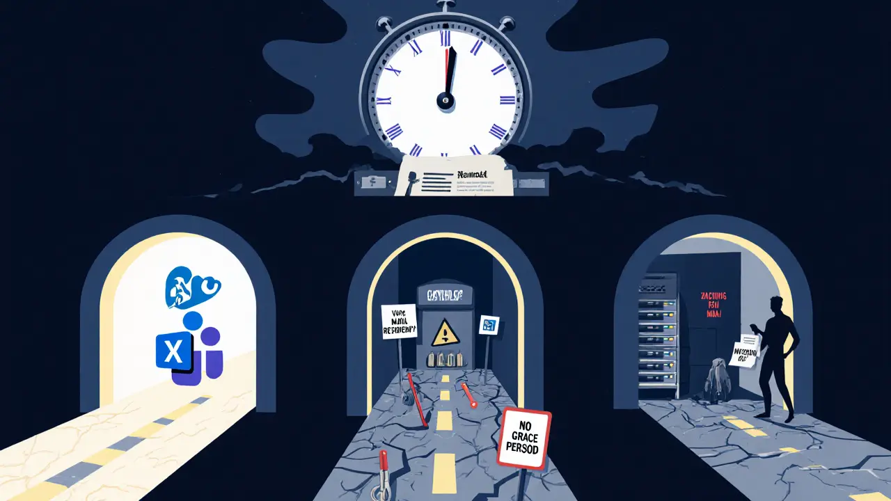 Three paths representing migration options to Exchange Online, third-party email, or risky on-premises continuation.