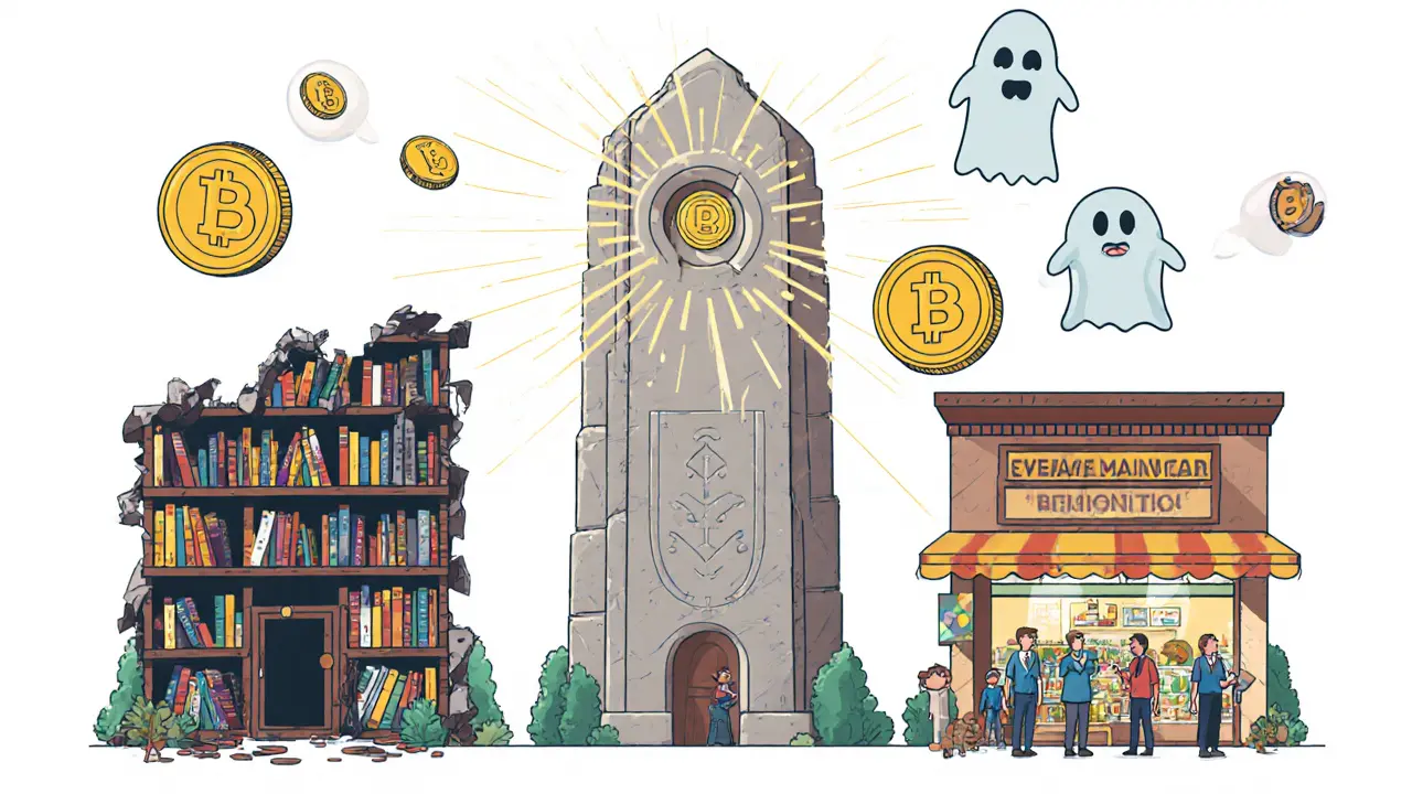 Three storage systems illustrated as buildings: fading library, eternal monument, and busy marketplace.