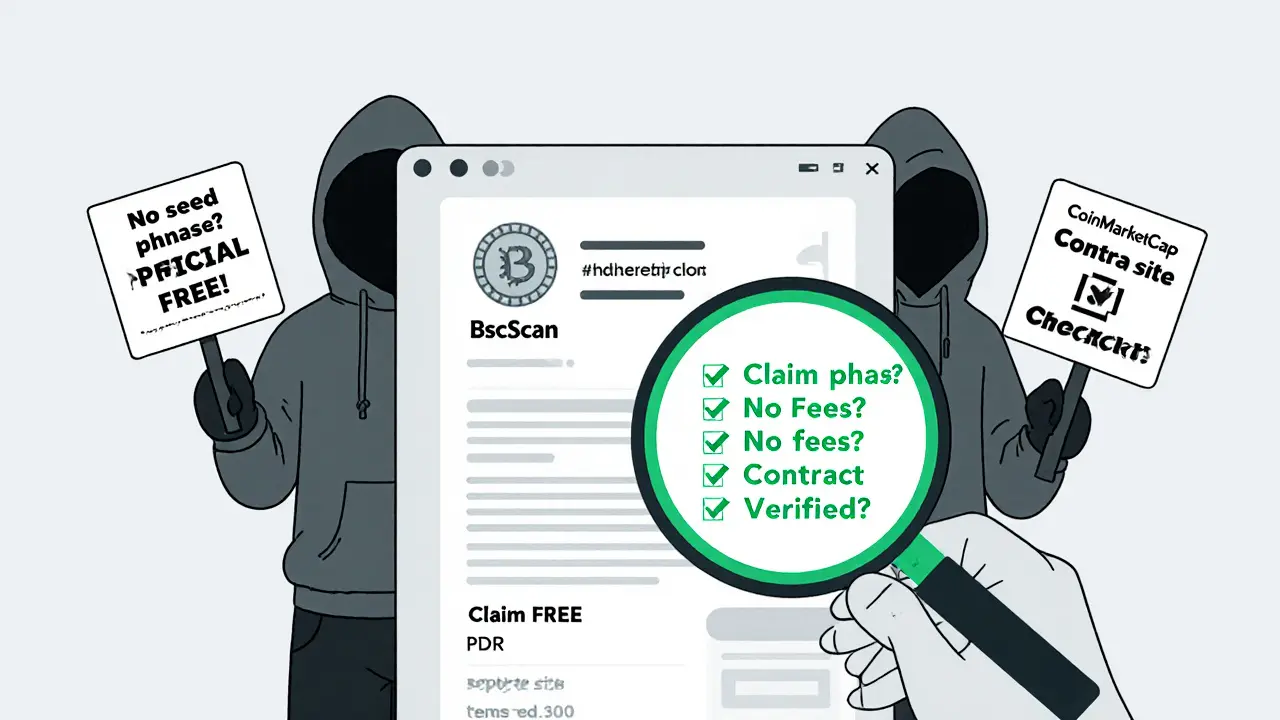 User checking PNDR contract on BscScan while scammer figures loom, with due diligence checklist glowing green.