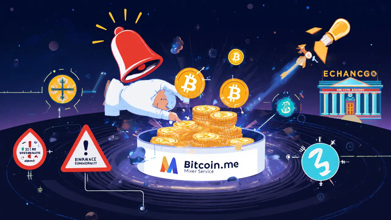 User clicking scam site triggers warning icons and coins disappearing into a black hole.