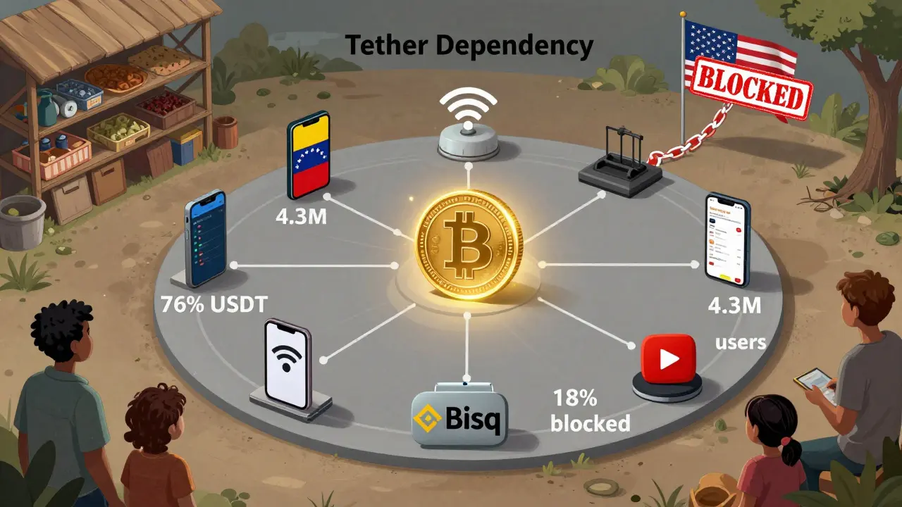 A central USDT coin connected to crypto infrastructure, with a fragile dependency chain and rural exclusion shown.