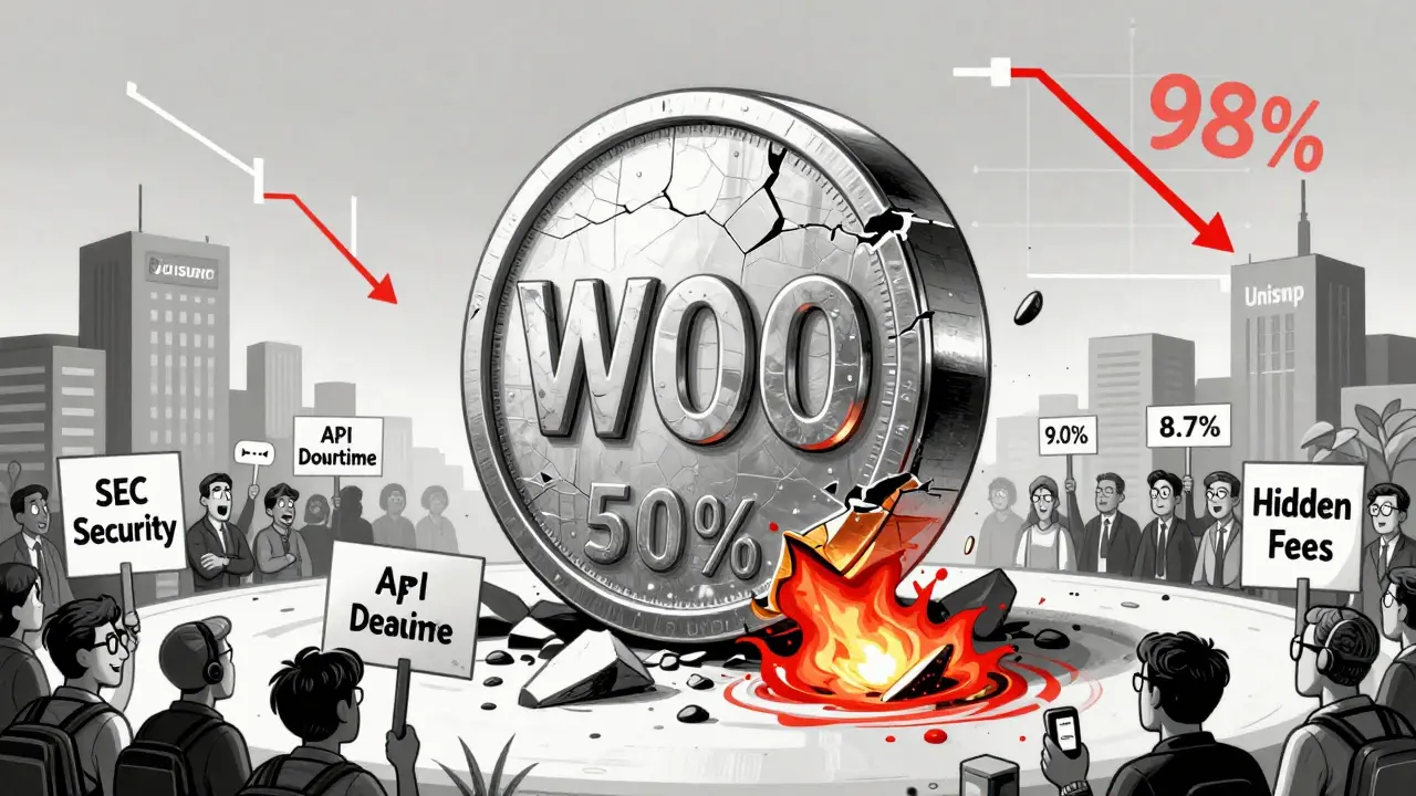 A crumbling WOO token monument with minimal token burn, surrounded by traders holding complaint signs under regulatory pressure.