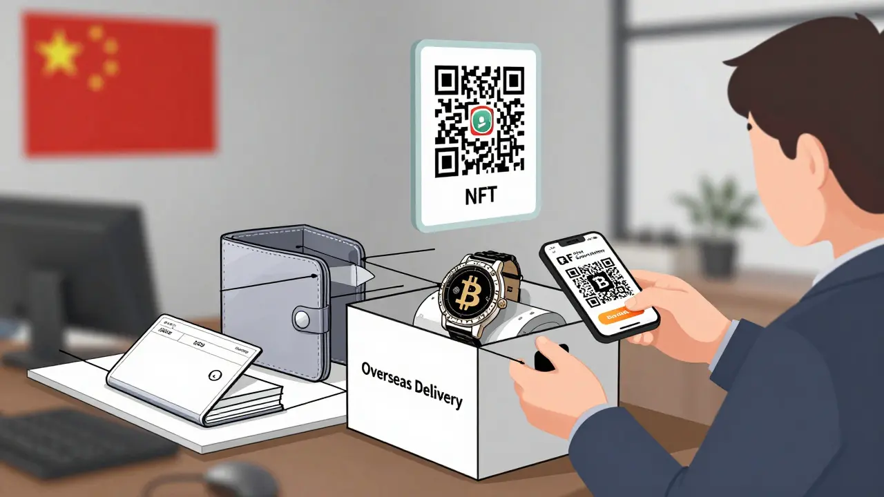 A crypto barter exchange: Bitcoin QR code traded for a luxury watch, with an NFT floating nearby as digital value.