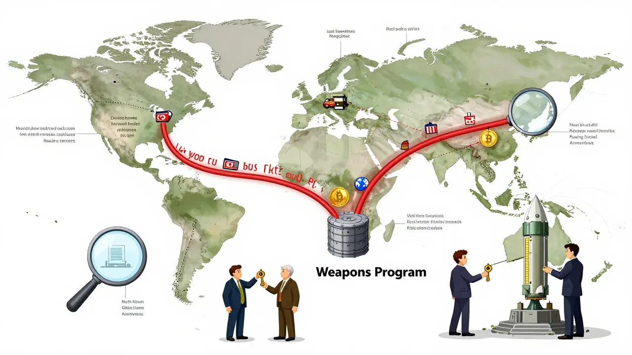 A global map showing crypto theft routes from North Korea to weapons programs, with sanctioned actors and reused wallets highlighted.