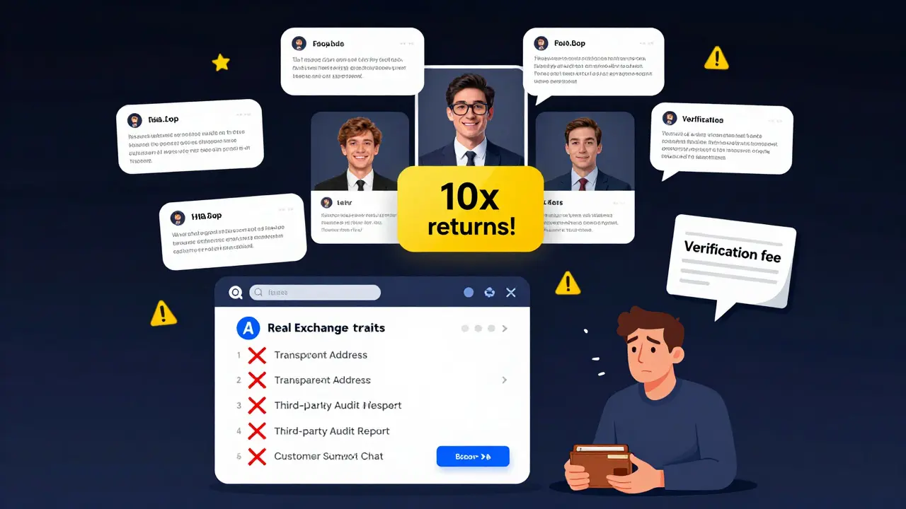 A scammer’s playbook with fake reviews and pop-ups above a fake exchange, while real security traits are crossed out.