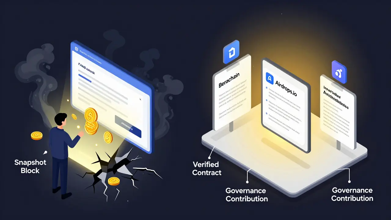A split scene: a scam FAN8 portal vs. a real airdrop system with verified contract and DAO participation.