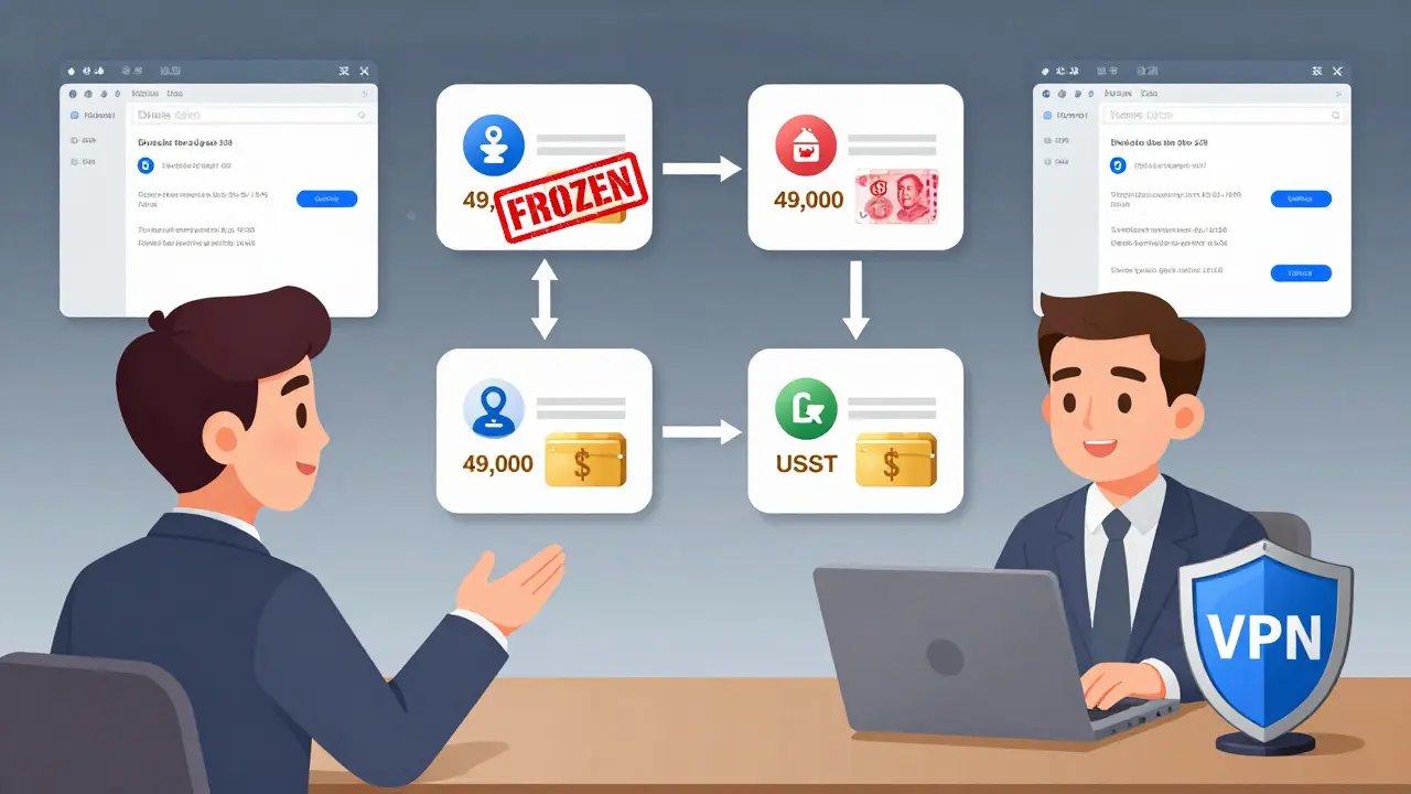 A trader splitting RMB transfers into small amounts to avoid bank detection, with one flagged account and a VPN shield.