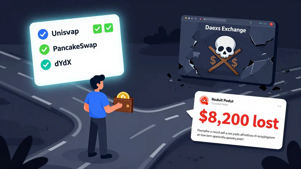 A user choosing between trusted crypto platforms and a scam site labeled Daexs Exchange, with warning symbols and lost funds notice.