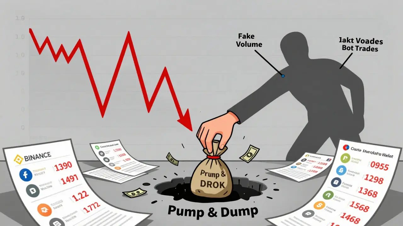 Chaotic price graph with conflicting data sources, money falling into a pump-and-dump pit.