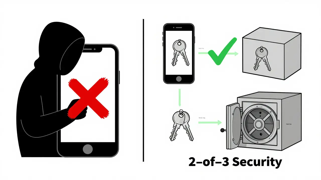 Comparison of single-key theft vs. multi-signature security with devices and checkmarks.