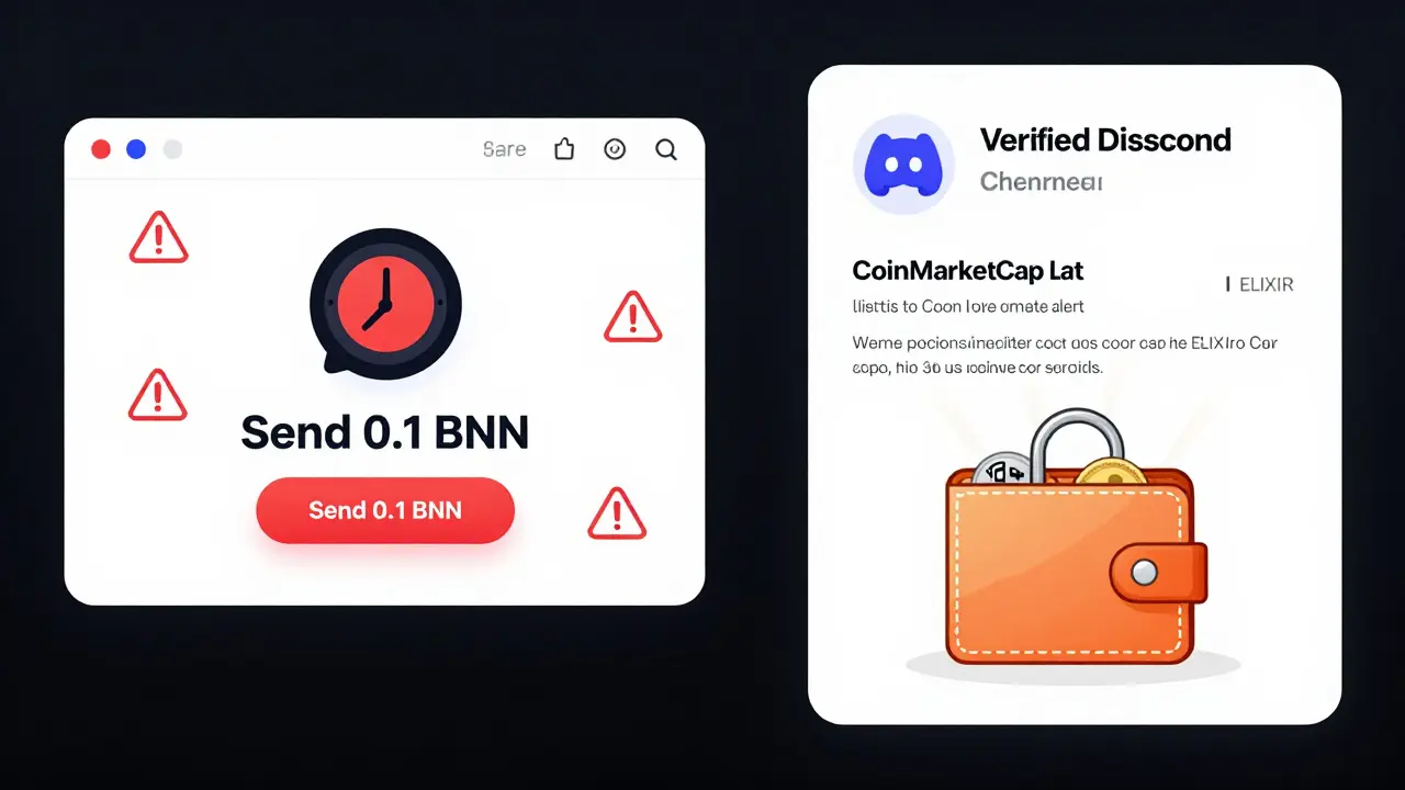 Contrast between a fake crypto scam site and the legitimate Starchi airdrop path with verified platforms.